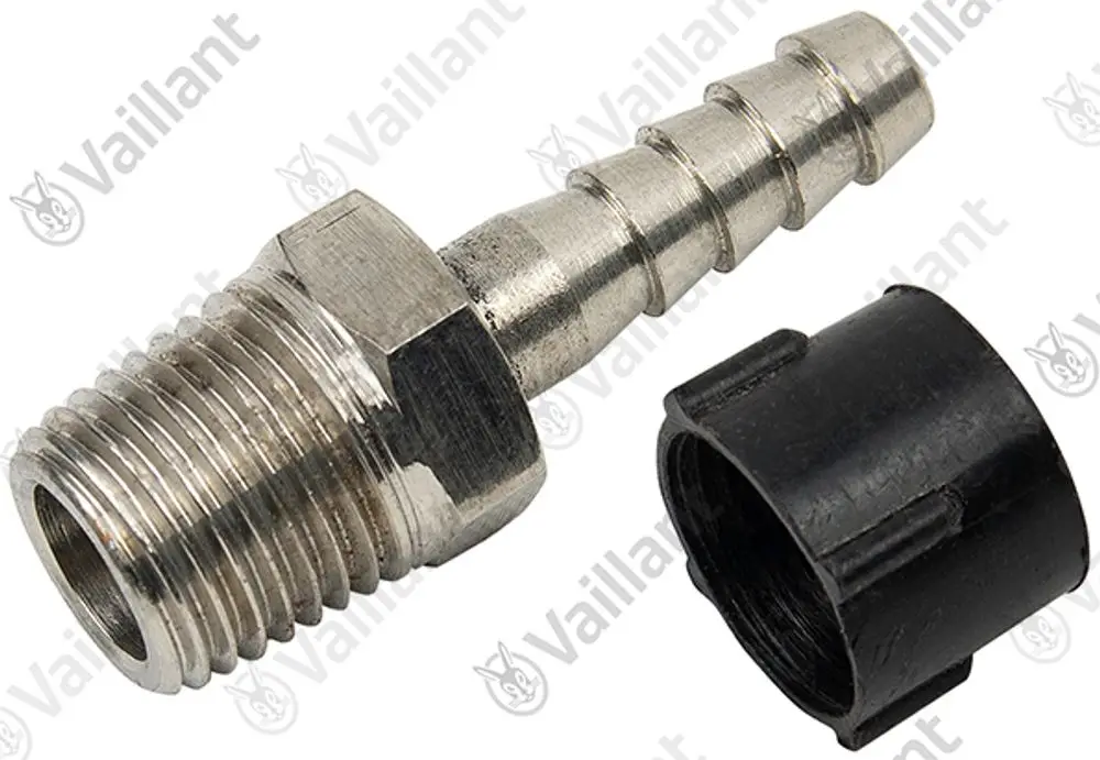 Vaillant Messnippel aus Metall mit einem gewindeten Ende und einem Schlauchanschluss, neben einer schwarzen Schutzkappe, auf hellem Hintergrund.
